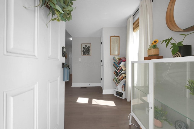 entryway with baseboards and wood finished floors