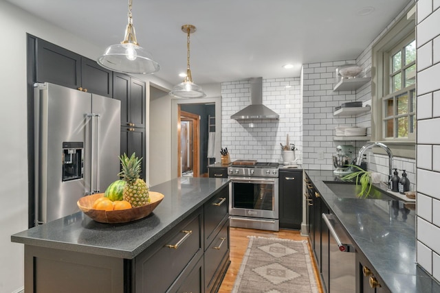 152 S Stanwood Rd, Columbus, OH 43209 - kitchen with open shelves, a sink, wall chimney exhaust hood, high end appliances, and tasteful backsplash