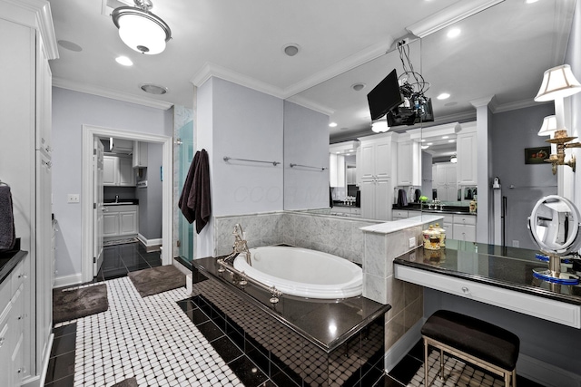 full bath featuring a bath, a walk in shower, tile patterned floors, crown molding, and baseboards