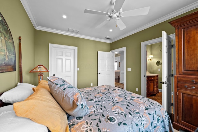 bedroom featuring visible vents, ceiling fan, recessed lighting, ornamental molding, and ensuite bath