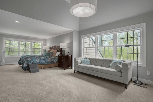bedroom featuring crown molding, carpet flooring, baseboards, and recessed lighting