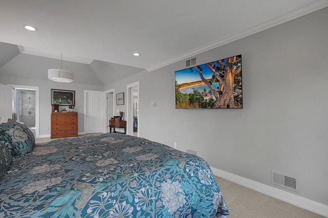 bedroom featuring carpet flooring, crown molding, visible vents, and baseboards