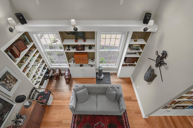 living room featuring baseboards, a healthy amount of sunlight, and wood finished floors