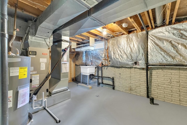 7847 Maplecreek Ct, Powell, OH 43065 - unfinished basement with heating unit, a sink, and electric water heater