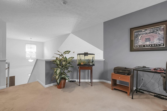 living area featuring baseboards, carpet, a textured ceiling, and an upstairs landing