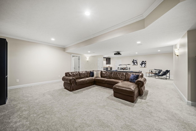 living room with carpet flooring, recessed lighting, and baseboards