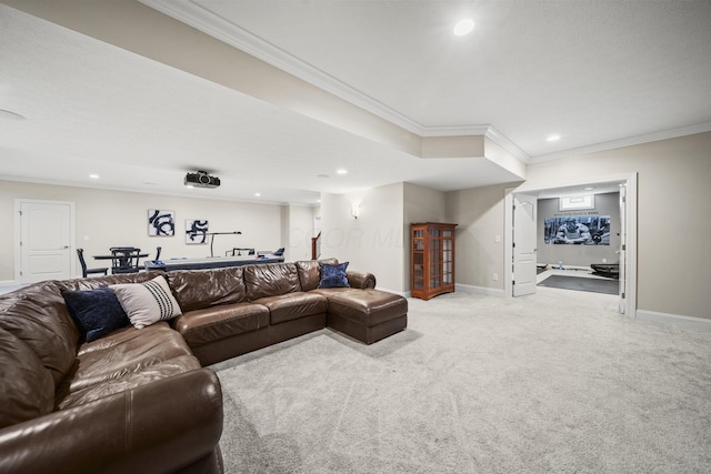 living room with light colored carpet, recessed lighting, and ornamental molding