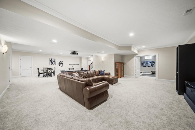 living area featuring recessed lighting, light colored carpet, and visible vents