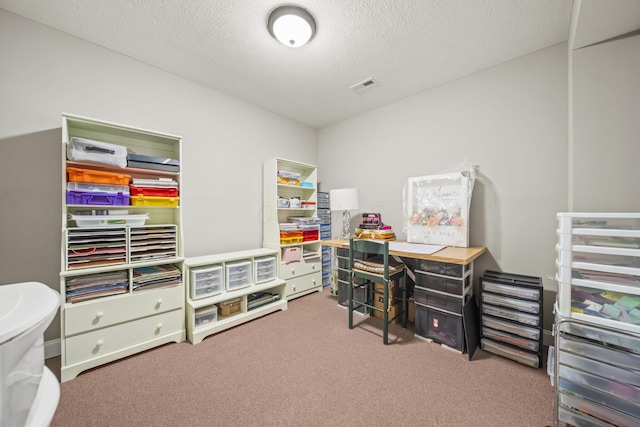 office area featuring visible vents, a textured ceiling, and carpet floors