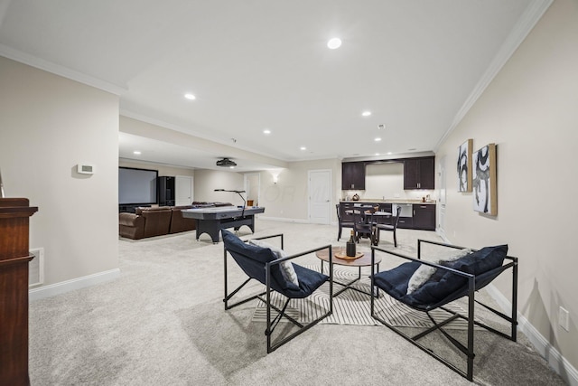 living room featuring baseboards, ornamental molding, recessed lighting, and billiards