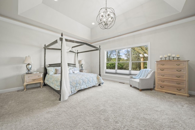 bedroom featuring baseboards, recessed lighting, a tray ceiling, carpet, and a notable chandelier