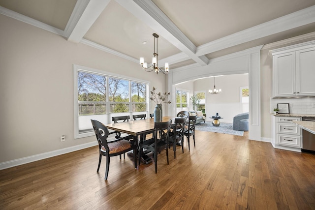 dining room featuring baseboards, a chandelier, dark wood-style floors, and beam ceiling