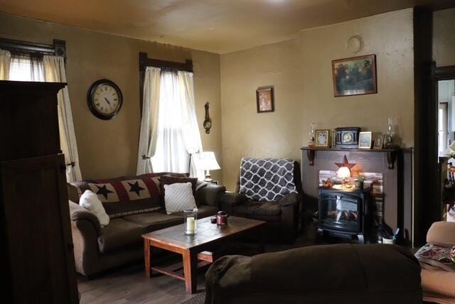 living room featuring plenty of natural light, wood finished floors, and a wood stove