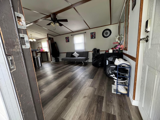 1049 Harmon Ave Unit C82, Columbus, OH 43223 - living area featuring wood finished floors and ceiling fan with notable chandelier