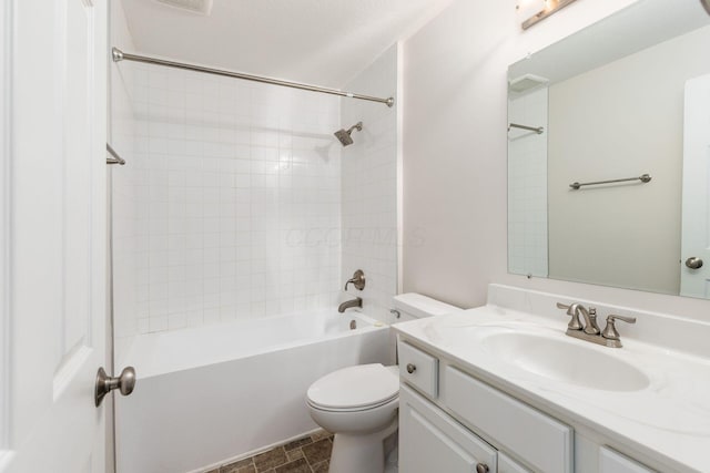 full bath featuring vanity,  shower combination, visible vents, and toilet