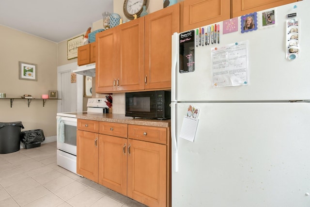 kitchen with under cabinet range hood, light tile patterned flooring, white appliances, tasteful backsplash, and light countertops