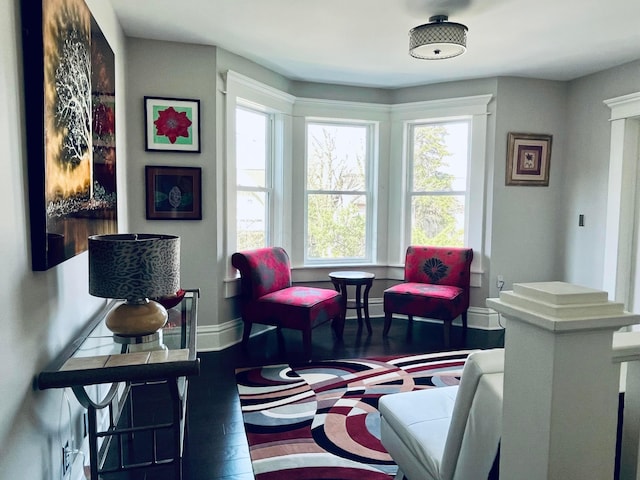 living area with baseboards, plenty of natural light, and wood finished floors