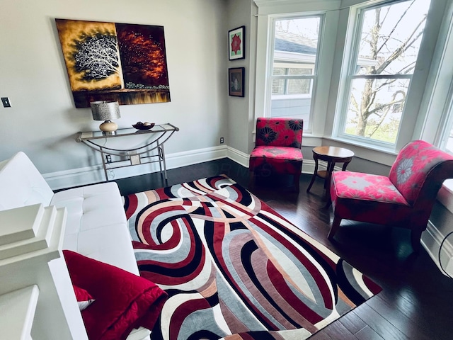living area with baseboards and wood finished floors