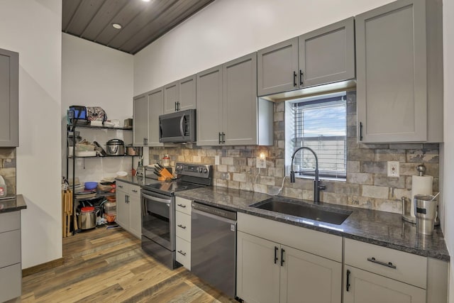 kitchen featuring dark stone countertops, tasteful backsplash, light wood-style floors, appliances with stainless steel finishes, and a sink