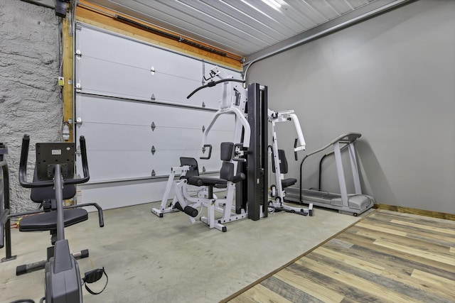 workout room featuring a garage