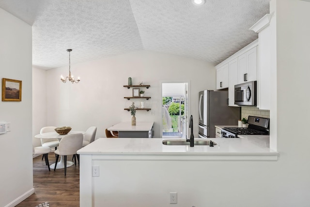 3186 Bowdoin Cir, Columbus, OH 43204 - kitchen featuring appliances with stainless steel finishes, a sink, a textured ceiling, dark wood finished floors, and vaulted ceiling