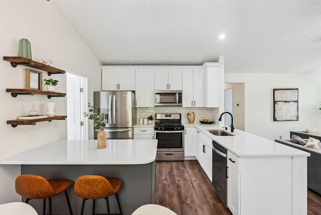 3186 Bowdoin Cir, Columbus, OH 43204 - kitchen featuring appliances with stainless steel finishes, a peninsula, a sink, light countertops, and dark wood finished floors