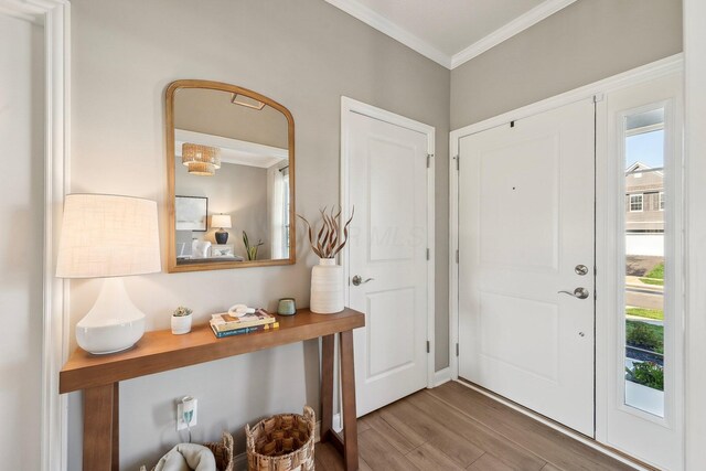 foyer featuring crown molding, wood finished floors, and a wealth of natural light