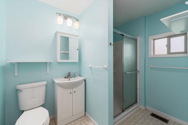 full bathroom featuring visible vents, tile patterned floors, a stall shower, and toilet