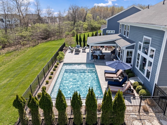 8153 Lilium Way, Plain City, OH 43064 - view of swimming pool featuring a fenced backyard, a fenced in pool, a patio, outdoor lounge area, and a lawn