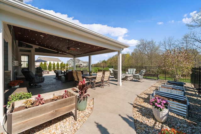 8153 Lilium Way, Plain City, OH 43064 - view of patio / terrace with ceiling fan, a fenced backyard, outdoor dining area, and an outdoor living space with a fire pit