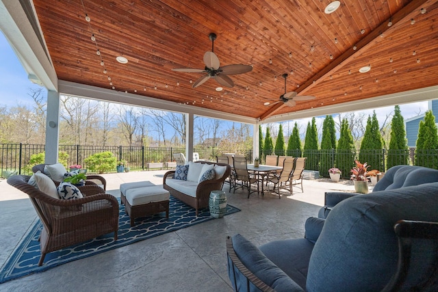 8153 Lilium Way, Plain City, OH 43064 - view of patio / terrace with an outdoor living space, ceiling fan, outdoor dining area, and a fenced backyard