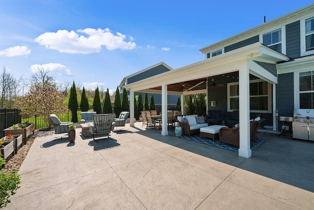 8153 Lilium Way, Plain City, OH 43064 - view of patio featuring fence, an outdoor hangout area, outdoor dining space, and a ceiling fan