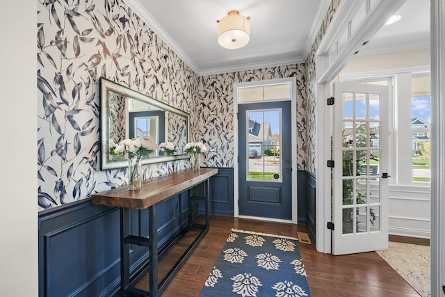 8153 Lilium Way, Plain City, OH 43064 - doorway with dark wood-style floors, ornamental molding, wallpapered walls, and wainscoting