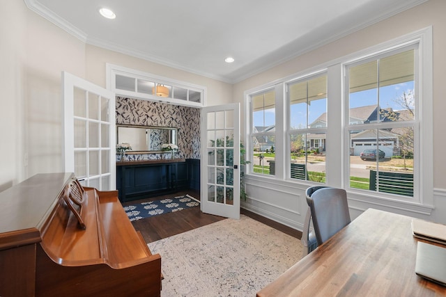 8153 Lilium Way, Plain City, OH 43064 - office space with ornamental molding, recessed lighting, wood finished floors, and french doors