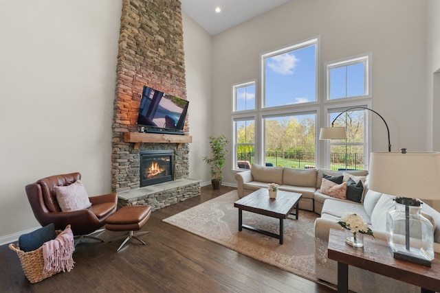 8153 Lilium Way, Plain City, OH 43064 - living room with baseboards, wood finished floors, a high ceiling, and a stone fireplace