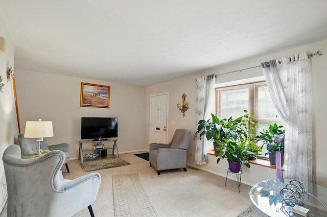 carpeted living area featuring baseboards