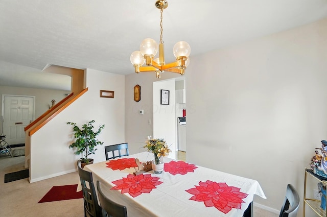 dining area featuring a chandelier, stairway, light colored carpet, and baseboards
