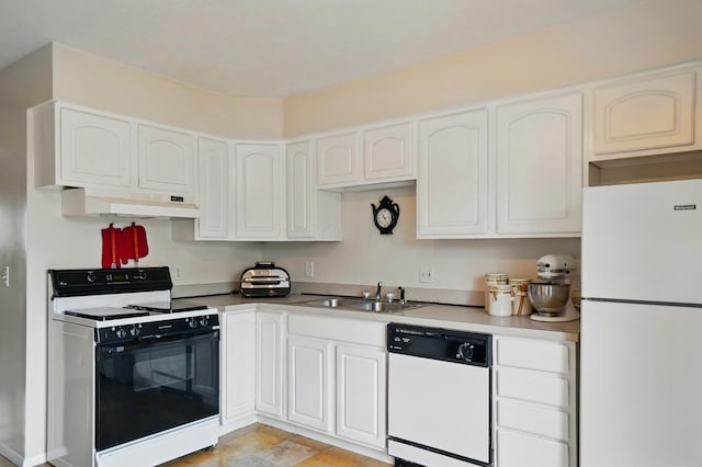 kitchen with a sink, under cabinet range hood, white appliances, white cabinetry, and light countertops