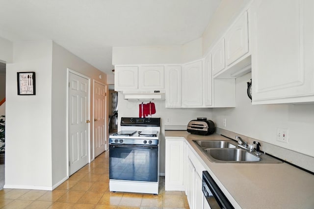kitchen featuring white cabinets, a sink, under cabinet range hood, electric range, and dishwasher