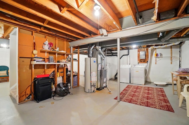 unfinished below grade area featuring heating unit, electric panel, water heater, and washing machine and clothes dryer