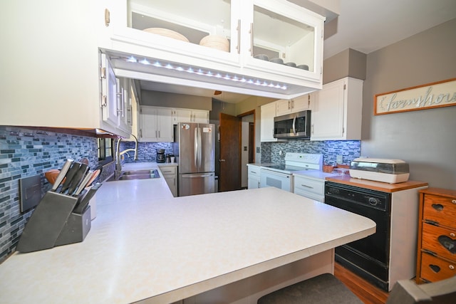 kitchen with light countertops, a sink, decorative backsplash, and stainless steel appliances