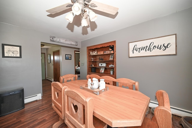 dining space featuring a ceiling fan, dark wood-style floors, and baseboard heating
