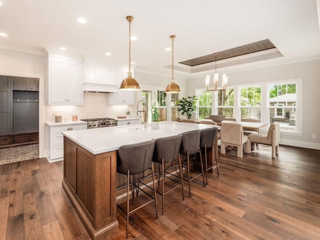 kitchen with a tray ceiling, premium range hood, dark wood-style flooring, ornamental molding, and light countertops