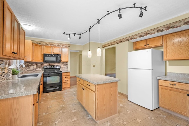 2977 Highwall Way, Columbus, OH 43221 - kitchen with black appliances, a sink, tasteful backsplash, a kitchen island, and light countertops