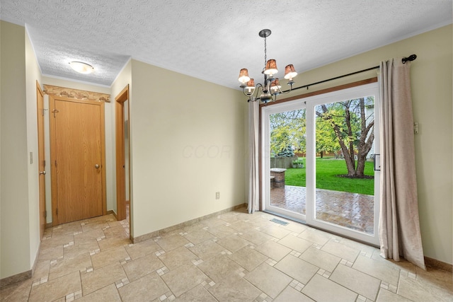 2977 Highwall Way, Columbus, OH 43221 - unfurnished dining area featuring baseboards, stone tile flooring, a chandelier, and a textured ceiling