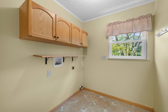 2977 Highwall Way, Columbus, OH 43221 - laundry room with cabinet space, hookup for an electric dryer, baseboards, washer hookup, and ornamental molding