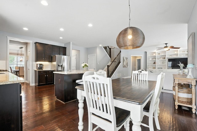 298 Long Branch Run, Delaware, OH 43015 - dining area with stairway, dark wood-style floors, ceiling fan, recessed lighting, and built in features