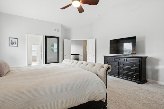 298 Long Branch Run, Delaware, OH 43015 - bedroom with vaulted ceiling, light carpet, and a ceiling fan