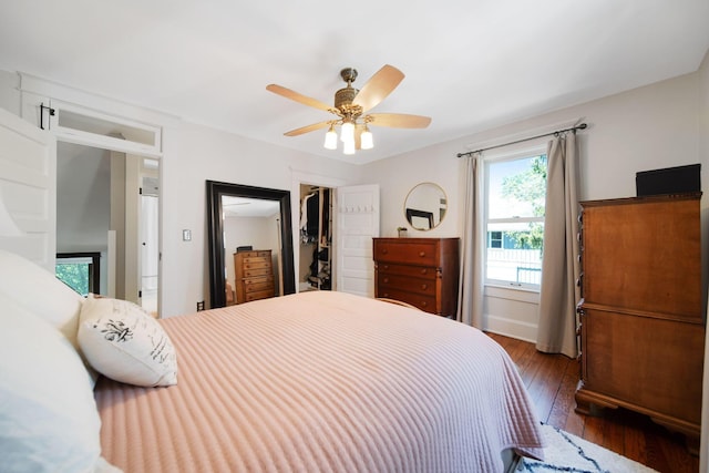 bedroom featuring a closet, a ceiling fan, hardwood / wood-style flooring, and a spacious closet