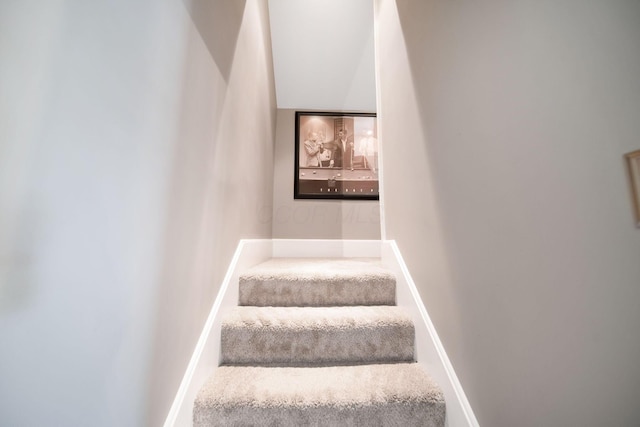 stairway featuring baseboards and carpet